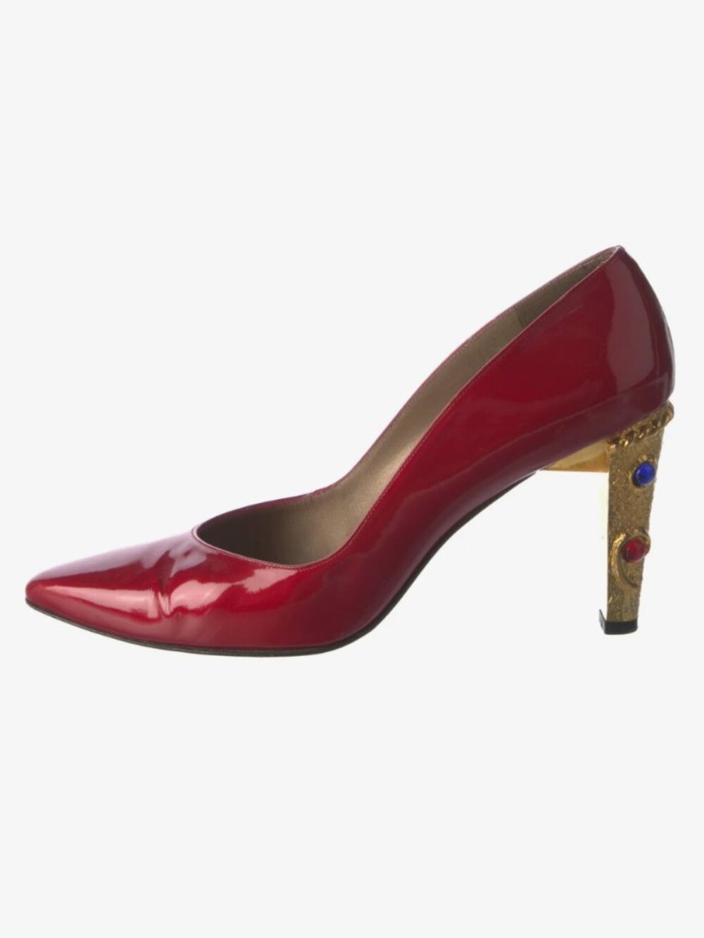 Stuart Weitzman Red Patent Leather Pumps Jeweled Gold Sculptural Heel Sz 8.5